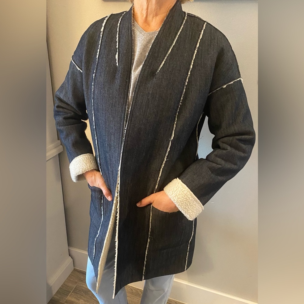 Denim Fleece Faux Lamb Shearling Outerwear  Mid Length Jacket Coat size P